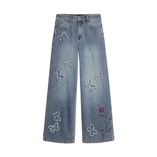 Desigual26秋冬新品毛边蝴蝶贴布花卉刺绣阔腿女式牛仔裤