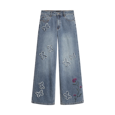 Desigual26秋冬新品毛边蝴蝶贴布花卉刺绣阔腿女式牛仔裤