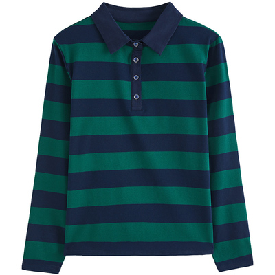 专柜正品翻领长袖T恤女2026春季新款POLO衫修身显瘦宽条纹打底衫