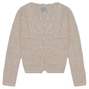 韩国设计师2026春FO*NUA郑素敏同款镂空V领羊毛针织开衫女