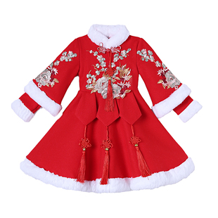 拜年服女童汉服中国风冬季公主裙洋气新中式儿童加厚旗袍古风唐装