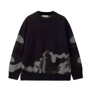 设计师款佐丹奴针织衫男装撞色迷彩提花圆领宽松厚实毛衣18055822