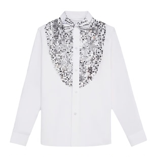 歌手主持舞蹈表演白色亮片衬衣黑色闪钻衬衫舞台大合唱演出服男装