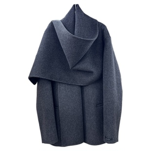 混深灰牦牛绒围巾披肩双面羊毛大衣女短款新款宽松高级感毛呢外套