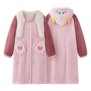 情侣睡衣冬季女珊瑚绒怪兽加厚睡袍女长款果壳可外穿家居服连帽