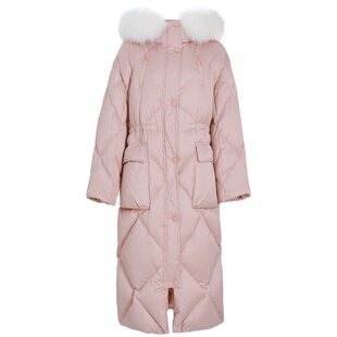 竹依依收腰长款粉色鹅绒羽绒服女过膝高端大狐狸毛领加厚保暖外套