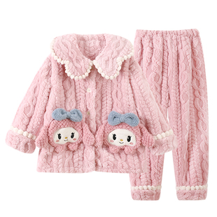 猫人女童法兰绒睡衣2026新款冬季加绒加厚可外穿青少年家居服套装