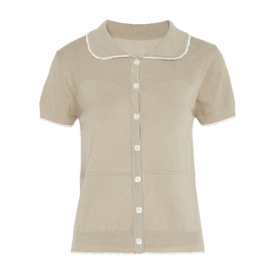 马天奴夏季新款纯色翻领短袖针织衫开衫莱赛尔混纺薄小衫时尚外搭