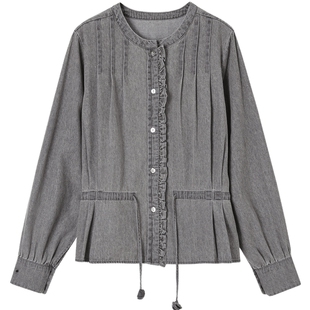 德玛纳文艺复古牛仔衬衫女春秋新款圆领木耳边装饰抽绳衬衣上衣