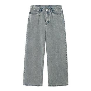 PSO Brand男装女装美式复古水洗斜纹蓝色牛仔裤宽松直筒弯刀长裤