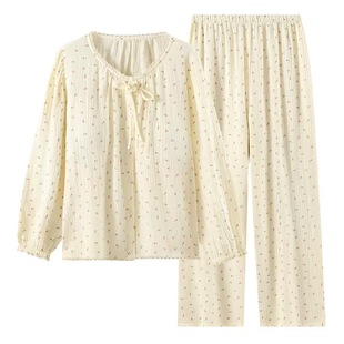 纯棉纱布A类带胸垫睡衣女双层纱春秋长袖套装防凸点家居服可外穿