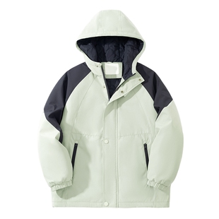 JU真维斯大中童撞色连帽休闲棉服 2025冬季新品 童装防泼水外套