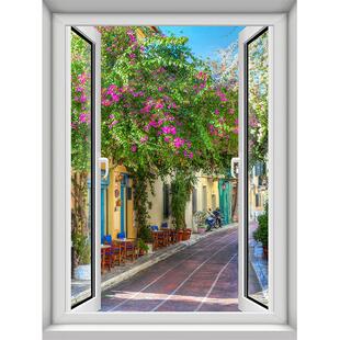 仿真竖款假窗户墙纸贴画3D卧室立体欧洲小镇地中海风景壁纸背景墙