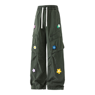 Wassup Shark工装立体花朵刺绣休闲裤男女潮流百搭纯棉宽松阔腿裤