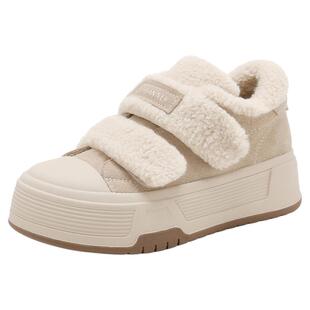 千百度厚底加绒棉鞋女冬季2025新款运动休闲鞋保暖魔术贴毛毛鞋女