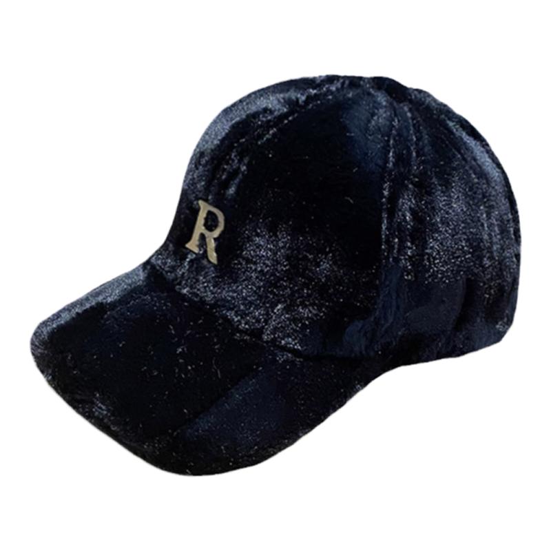 网红金属字母R仿兔毛鸭舌帽子女秋冬季保暖加厚时尚毛绒棒球帽男