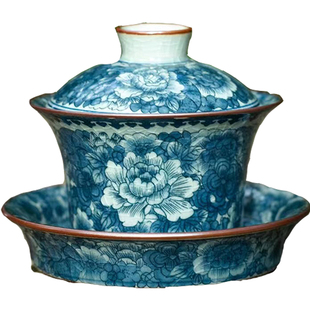 老陶泥哥窑三才青花盖碗陶瓷功夫茶具茶杯开片可养大号家用敬茶碗