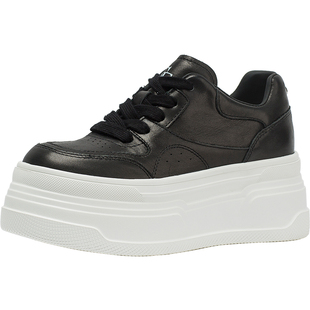 CDF女鞋2025春季新款百搭真皮厚底板鞋圆头简约增高休闲运动鞋女