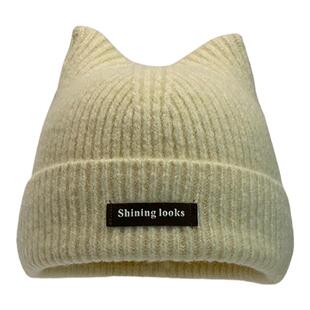 日系可爱猫耳朵针织帽子女纯色毛线帽2024秋冬保暖百搭亲肤包头帽