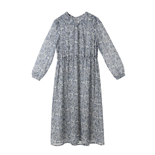 apipedream如一梦 简约气质复古腰果碎花雪纺绉连衣裙秋/幽花满汀