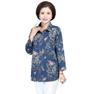 中老年女装春装洗水牛仔印花衬衣外套妈妈秋季加肥加大码洋气风衣