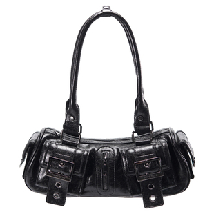 ParoParo亚亚千禧！复古油蜡皮多口袋通勤长柄腋下法棍包金色女包