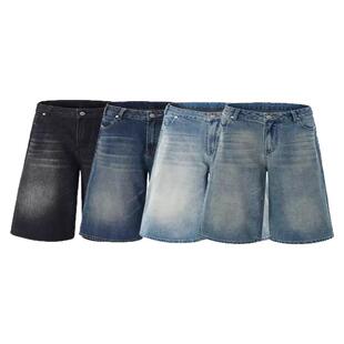 BurnBro美式复古水洗阔腿七分裤男女街头宽松显瘦直筒牛仔短裤子