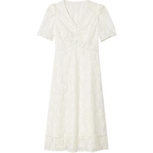 SALT.P可颜2024秋季新款米白色v领短袖蕾丝连衣裙长款