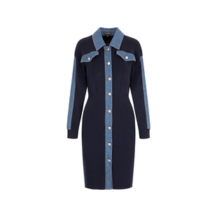 MARYLING玛俪琳秋季新品深蓝色针梭羊毛连衣裙A1DGW04290