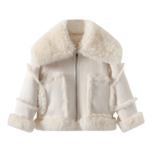 萌校长女童秋冬季新款皮毛一体毛毛外套韩版翻领拉链款鹿皮绒上衣