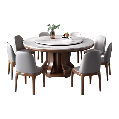 轻奢岩板餐桌椅组合家用带桌面转盘现代简约小户型实木圆形大圆桌