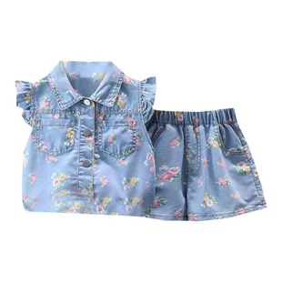 女童夏季碎花牛仔套装2025新款洋气网红短裤薄女宝宝儿童两件套潮