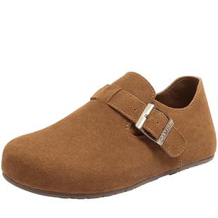 骆驼女鞋2025新款真皮加绒单鞋一脚蹬懒人包头拖鞋穆勒半拖勃肯鞋