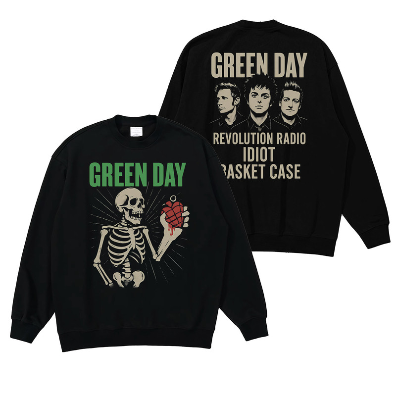GREEN DAY摇滚乐队数码直喷复古骷髅人像印花宽松圆领卫衣