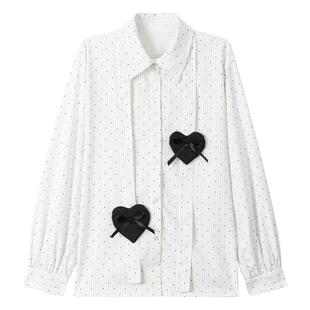 KEIKO 小众设计白色长袖衬衫女26春季法式甜系心形领带饰条纹上衣