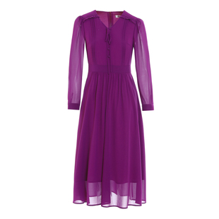 2026新款春季温柔风法式紫色雪纺连衣裙女收腰知性气质V领衬衫裙