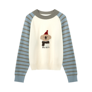 LAGOGO趣味考拉插肩袖针织衫女拉谷谷2025年冬季新款撞色条纹毛衣