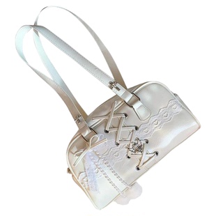 pinkyo芭蕾风白色绑带优雅手提波士顿包单肩斜跨休闲百搭枕头包包