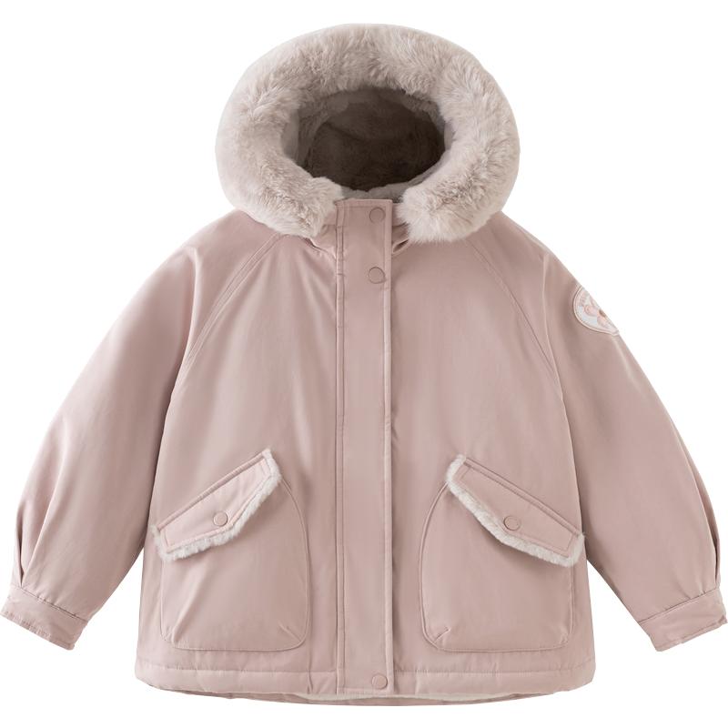 戴维贝拉中大童外套秋冬新款女童加绒派克服户外工装风上衣连帽
