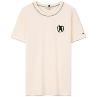 Tommy春夏女装纯棉植绒麦穗字母休闲圆领内搭打底衫针织短袖上衣