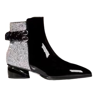 尖头法式轻奢漆皮亮片短靴女加绒暖冬季低跟侧拉链时装靴百搭粗跟