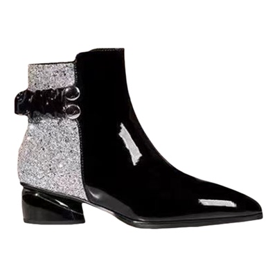 尖头法式轻奢漆皮亮片加绒短筒靴