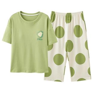 浪莎睡衣女夏季带胸垫短袖薄款纯棉大码免穿文胸防凸点家居服套装