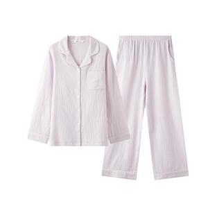 三福女秋季双层纱排扣睡衣套装 简约舒适翻领宽松家居服505990