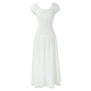 SYT自制 圆领木耳边打揽小蛮腰连衣裙女2026春季新款弹力收腰长裙