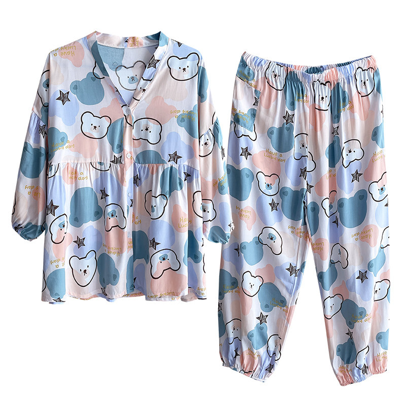 女绵绸V领开衫睡衣家居服