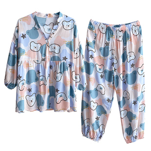 蝙蝠款绵绸V领加大码开衫睡衣女薄款长袖长裤宽松胖MM200斤家居服