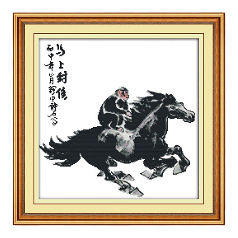 马上封侯十字绣猴子和马中式水墨
