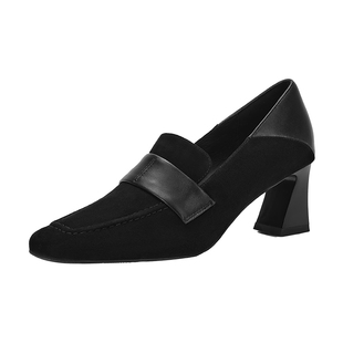 星期六英伦风真皮方头粗跟高跟乐福鞋女黑色复古通勤深口单鞋皮鞋