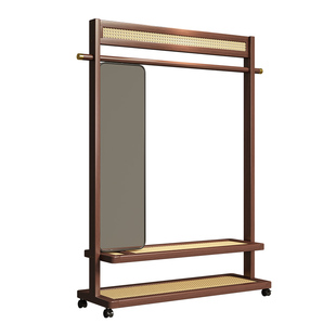 实木落地衣帽架卧室客厅收纳架带镜子移动简约现代挂衣架储物架子